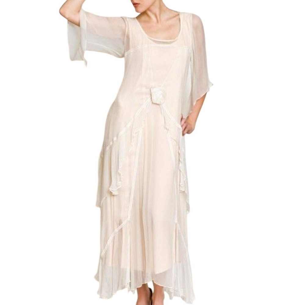 Age of Love by Nataya Great Gatsby Party Dress Cream Lace Up Back Tiered Dress L